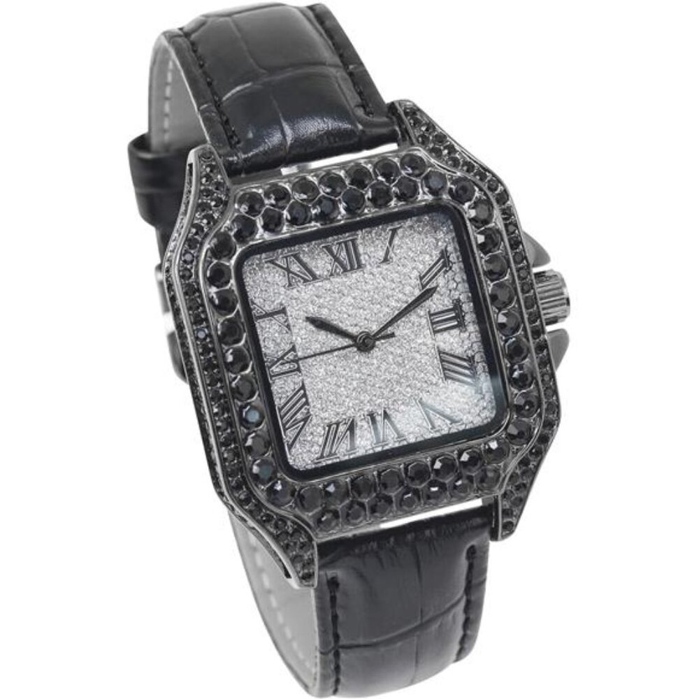 NEW Iced Out Black Leather Watch